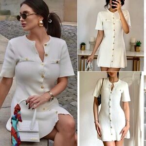 H&M viral ivory white short sleeve sweater knit gold buttons, mini dress